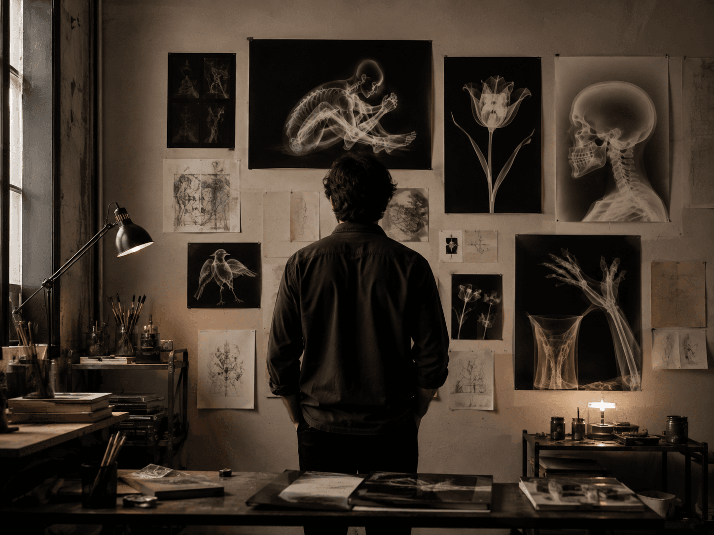 An artist contemplating a wall of X-ray-inspired studies