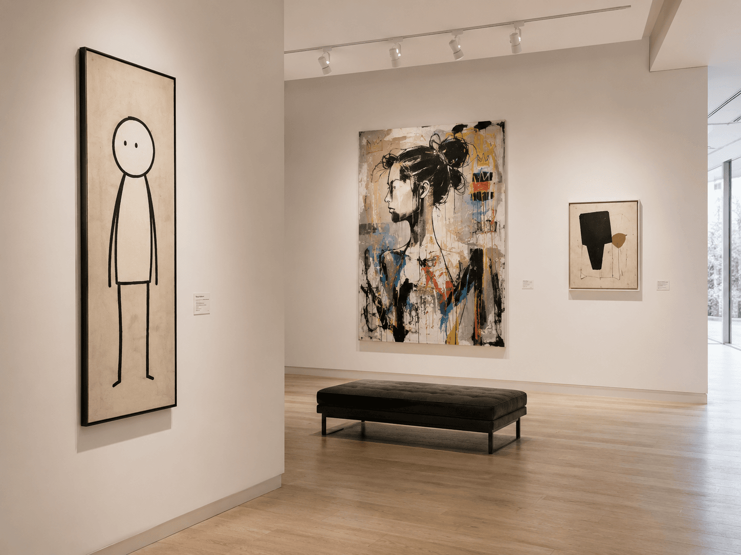 A quiet contemporary gallery with artworks on warm white walls