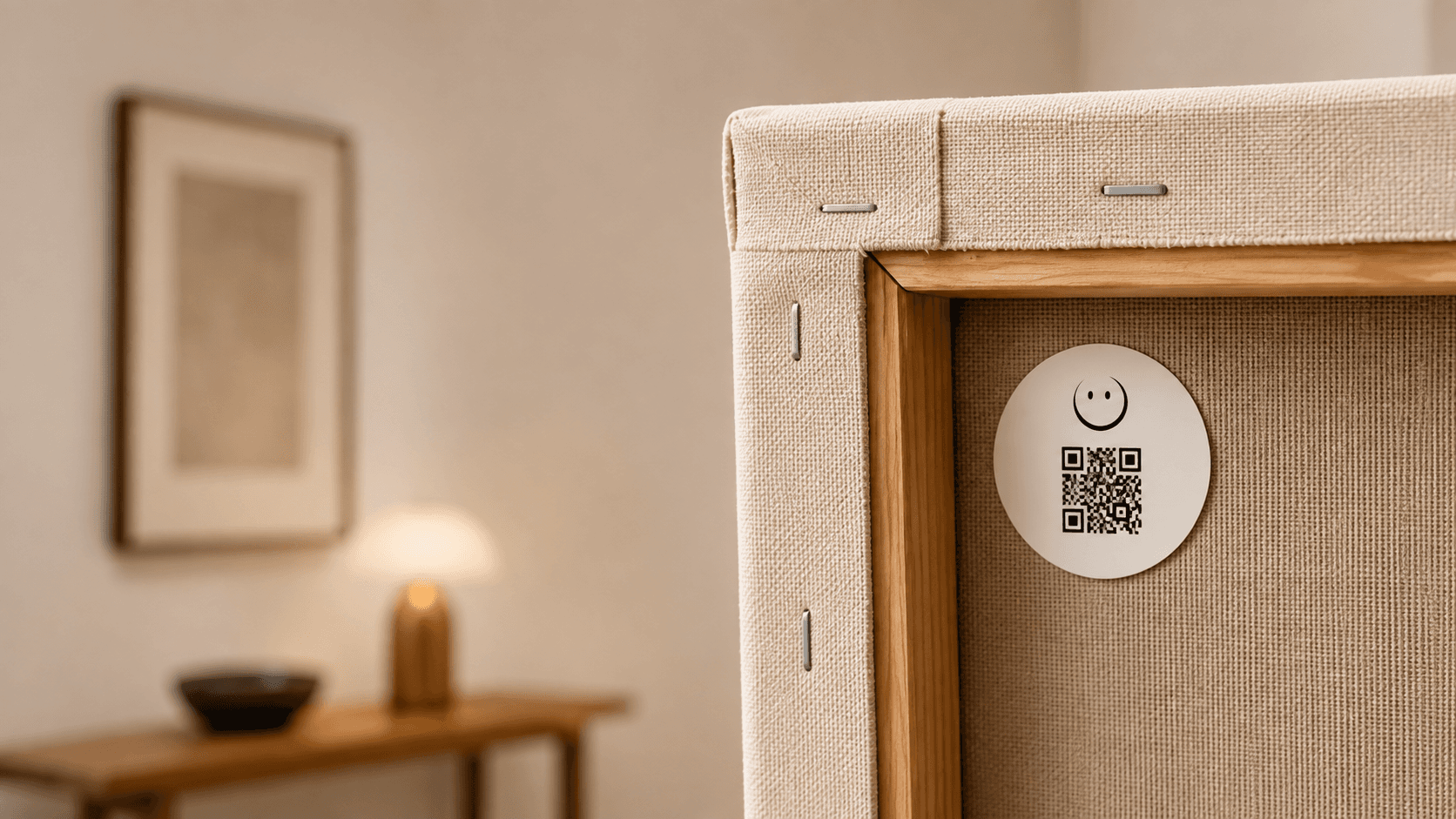 The back of a contemporary canvas with a circular VeraTag QR label