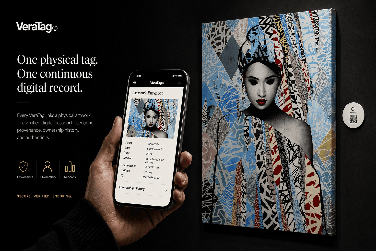 A hand holding a VeraTag artwork passport beside its linked physical artwork and tag