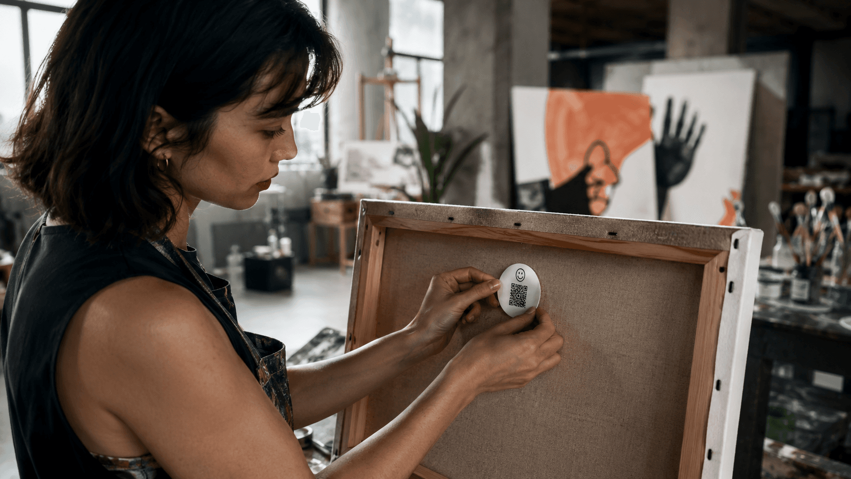 An artist applying a circular QR-enabled VeraTag to the reverse of a canvas