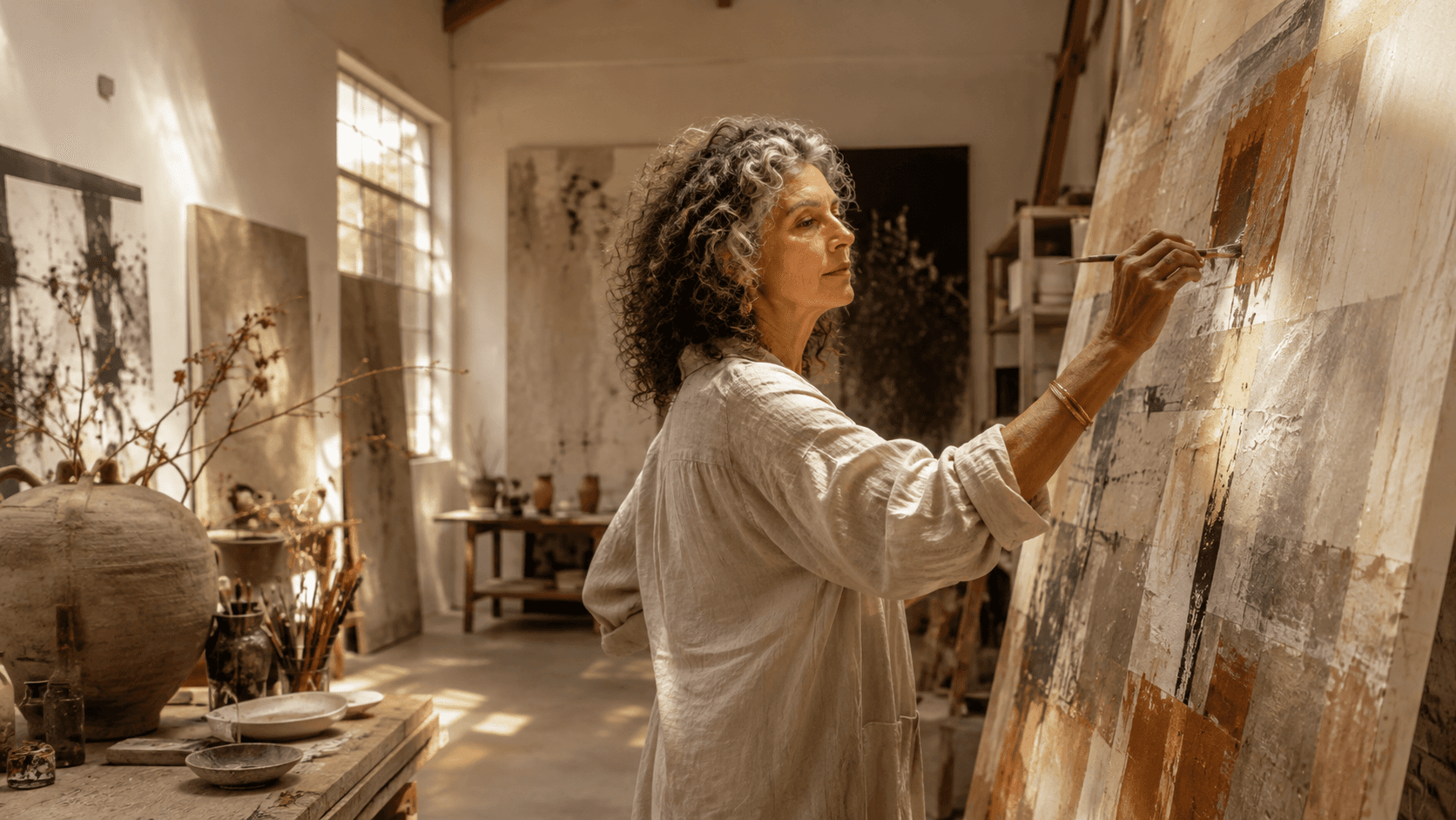 An artist working on an abstract painting in a warm neutral studio