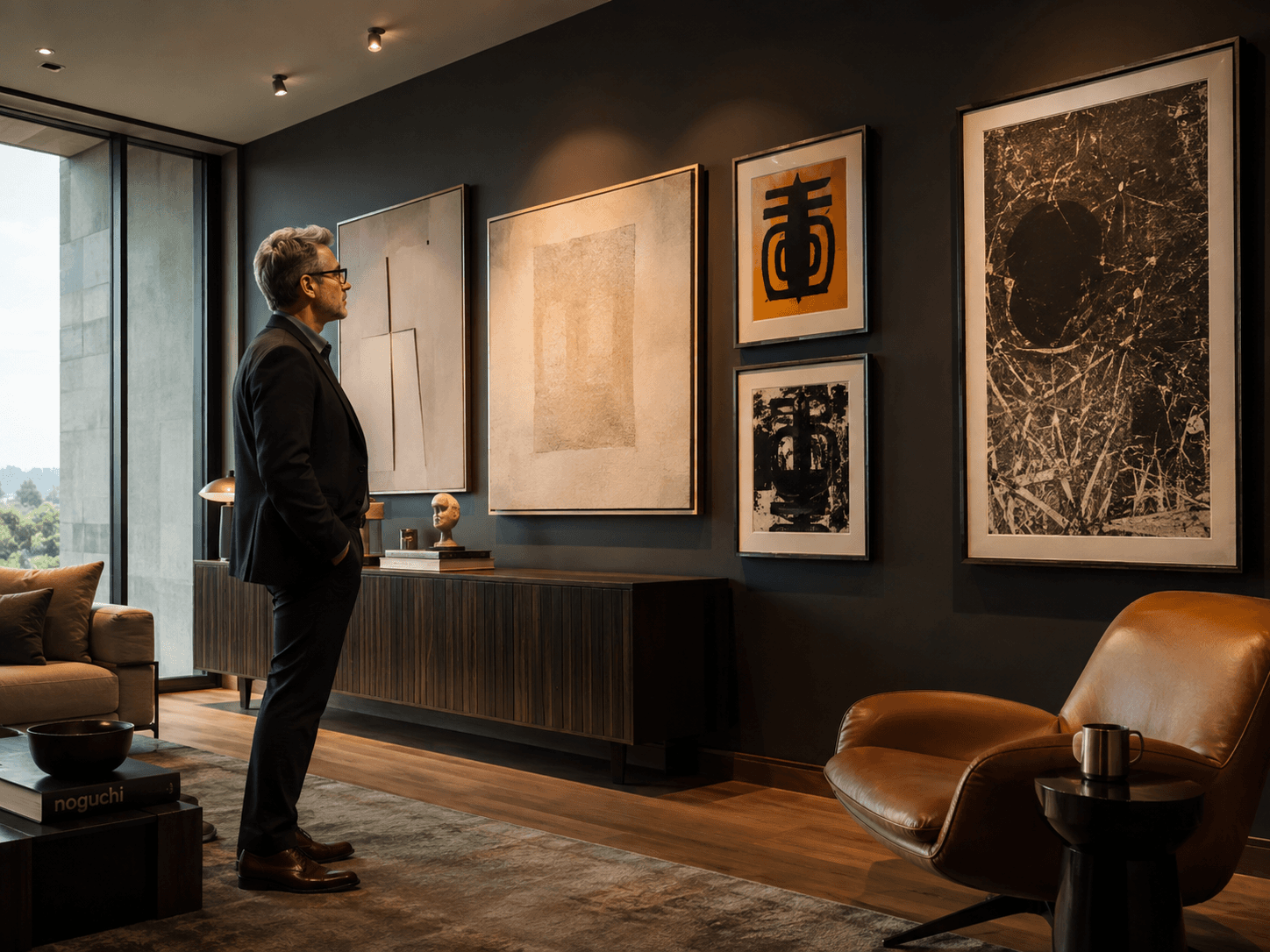 A collector viewing contemporary art in a warm private collection
