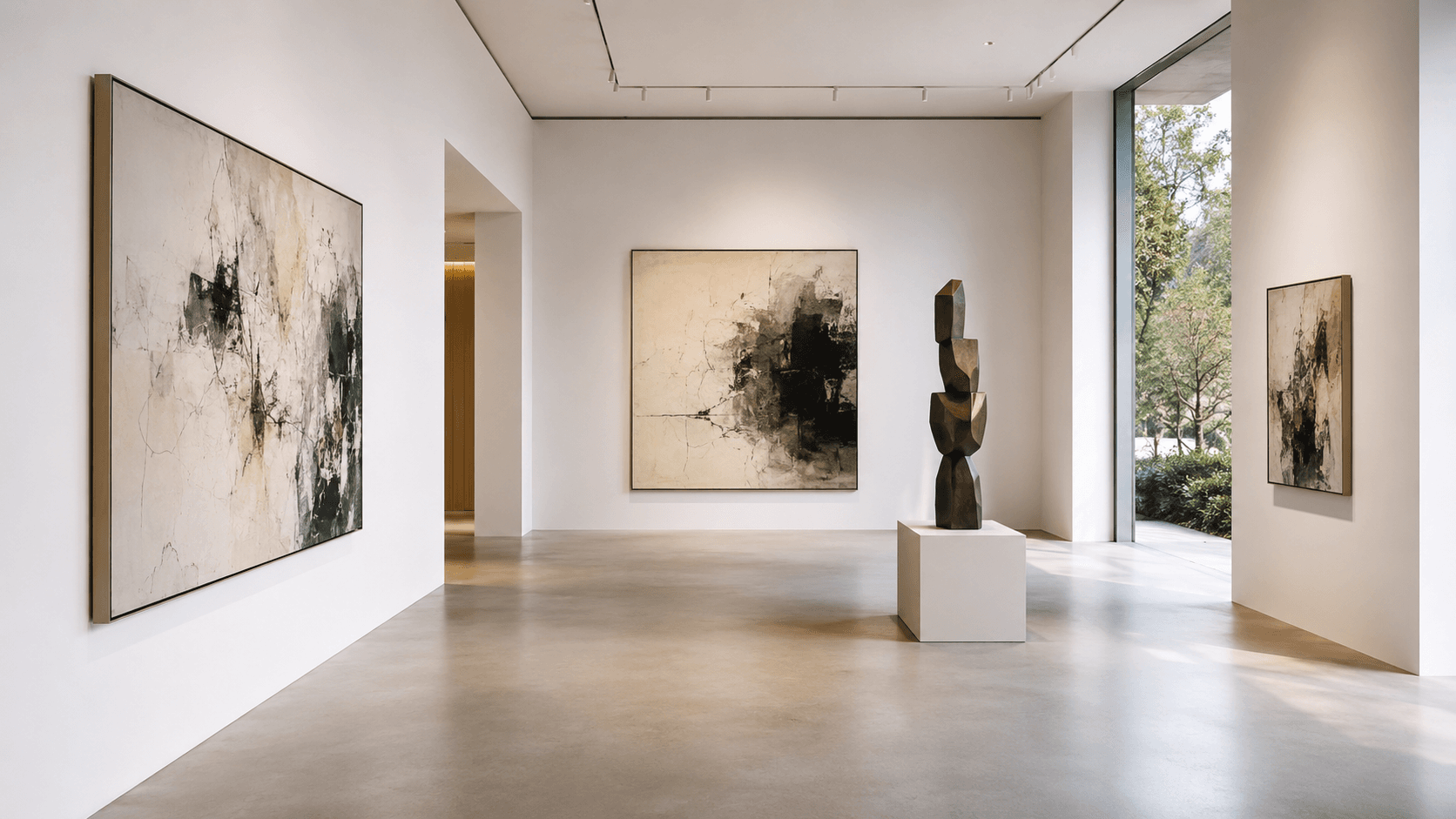 A quiet contemporary gallery with abstract artworks and sculpture in neutral light