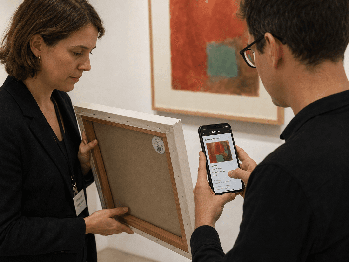 Gallery staff verifying a tagged artwork with its digital passport